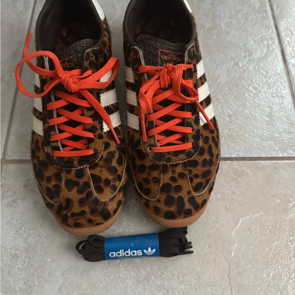 Adidas Leopard Pattern Sneakers with Bright Orange Laces